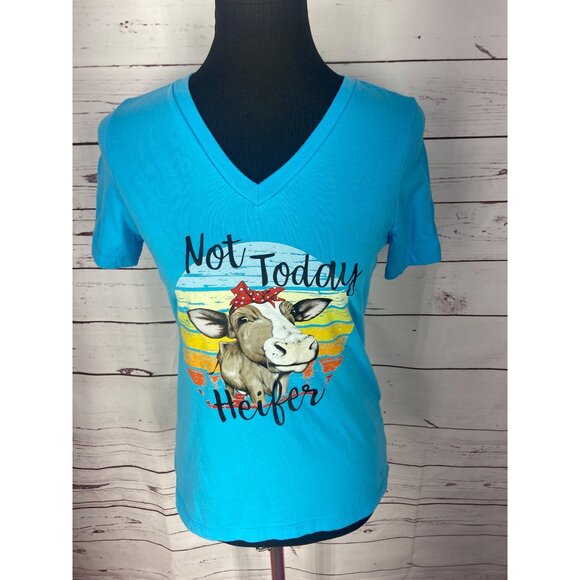 Bella Canvas‎ Teal Blue V Neck Not Today Heifer Short Sleeve Fitted Medium Tee - Picture 2 of 8